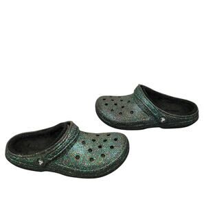 Crocs Men’s Classic Glitter Fleece Lined Clogs Sz 10 Women’s 12 Black Teal Blue